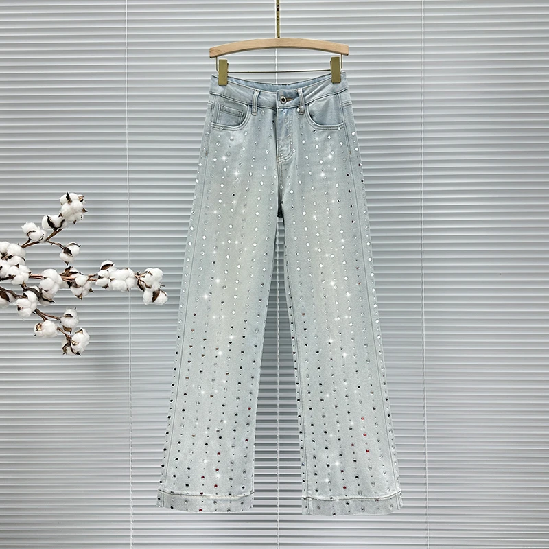 

New Jeans Women's Trend Heavy Industry Hot Diamond Trousers, 2025 Summer High Waist Loose and Thin Versatile Wide-leg Trousers