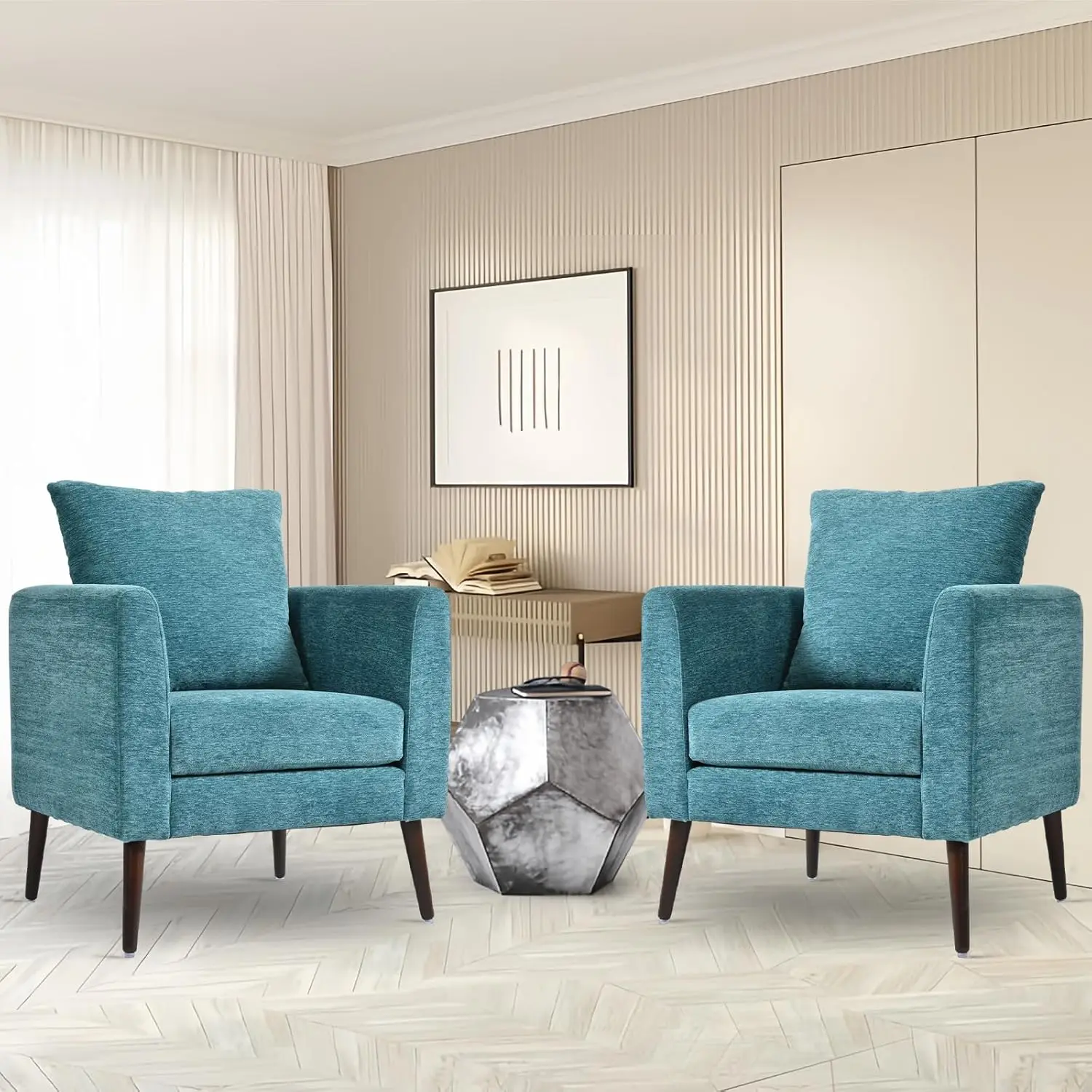 

Armchair Set of 2 Accent Chairs for Living Room Modern Upholstered Arm Chair Large Pillow Solid Wood Legs Teal