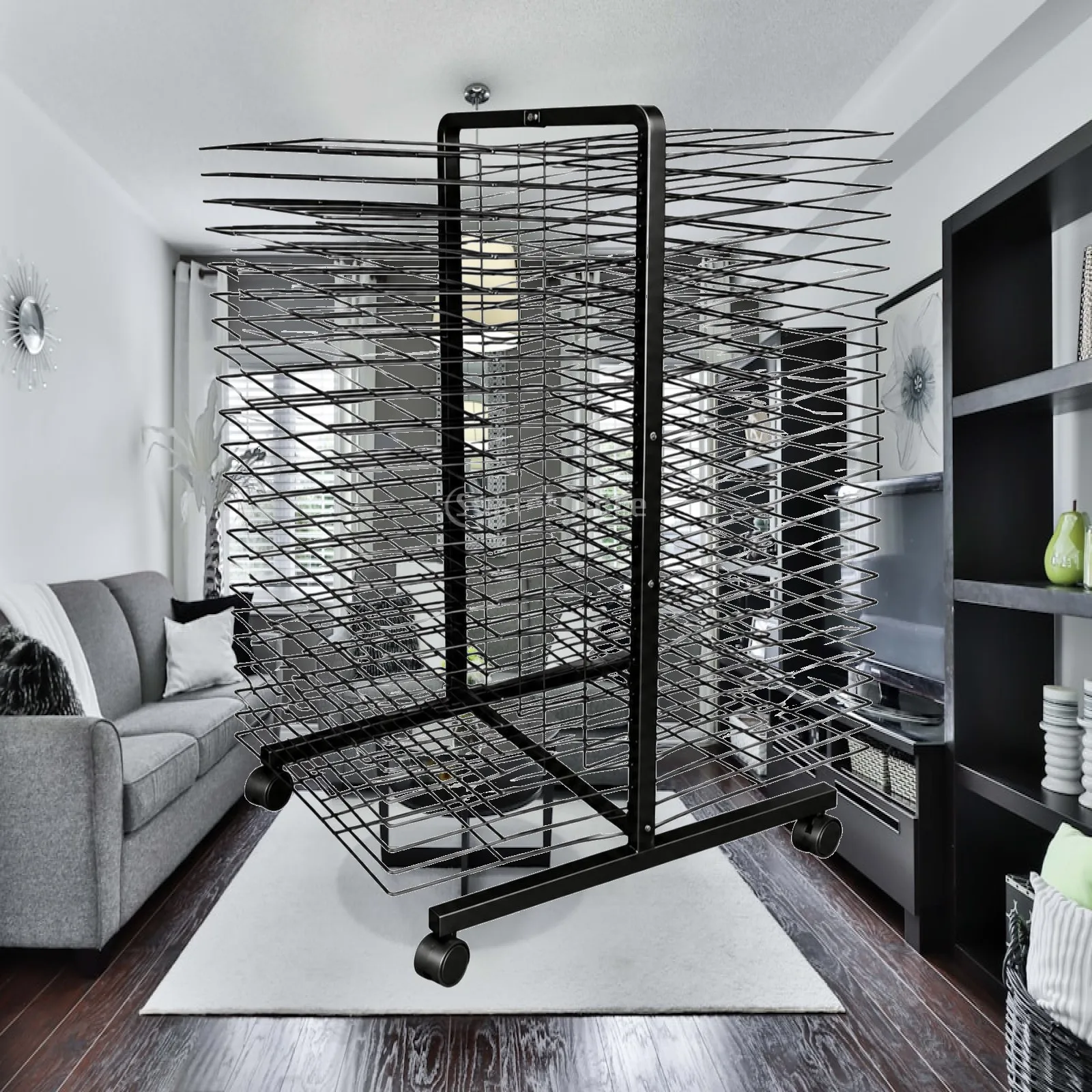 Portable Single Side Art Easel Iron Drying Stand for Wet Canvas Storage with Rolling Wheels for Workshop