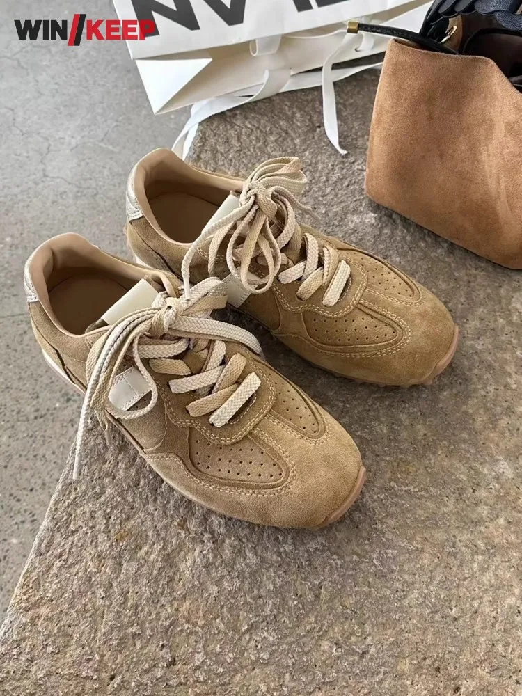 

New Fashion Women Suede Real Leather Lace Up Breathable Sneakers Comfortable Patchwork Trainers Lady Running Sport Shoes Jogging