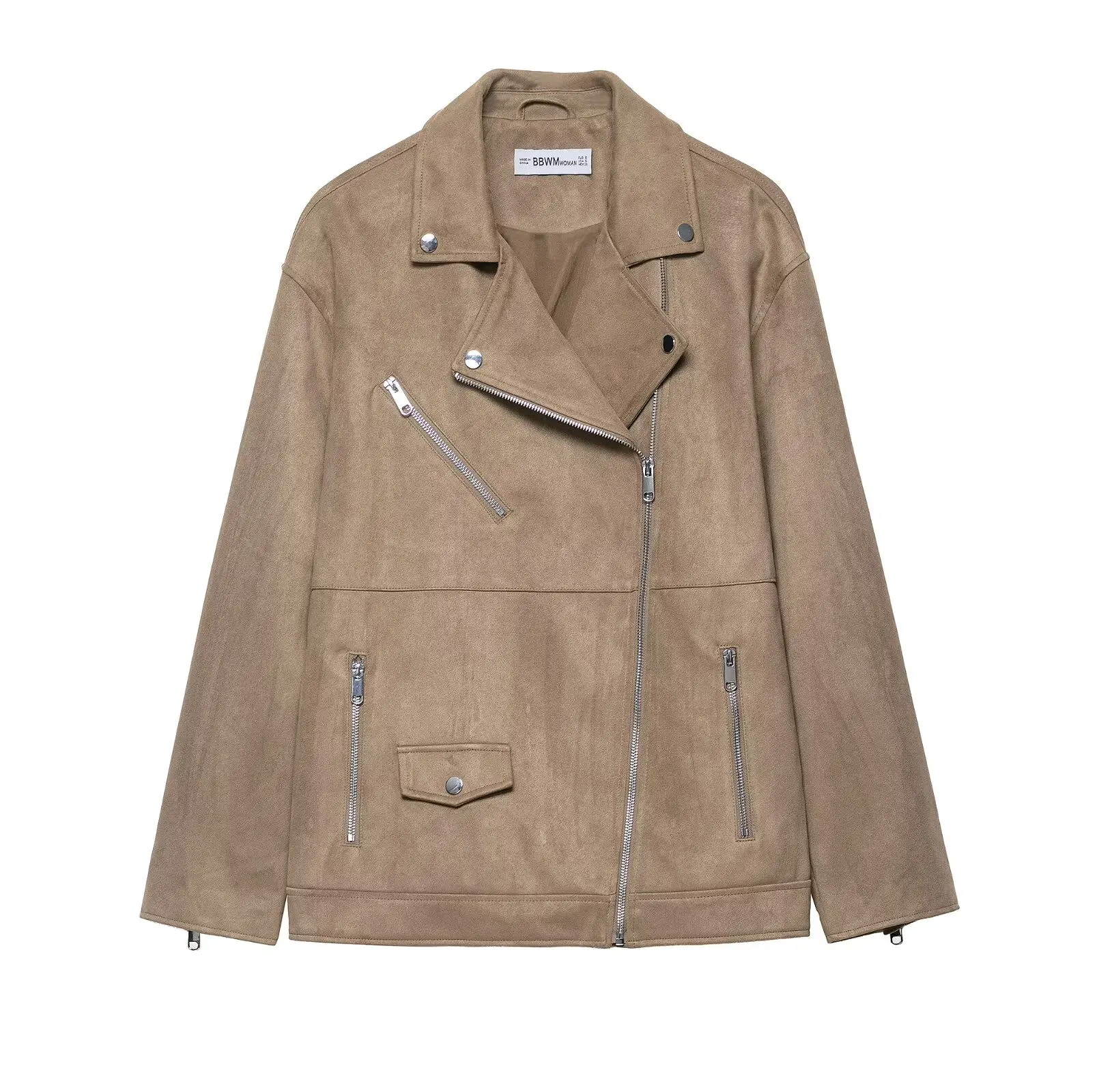 

2025 Fall New Arrival Women's Oversized Biker Jacket Faux Suede Effect Outerwear Breathable Polyester Fiber Long-Length Style