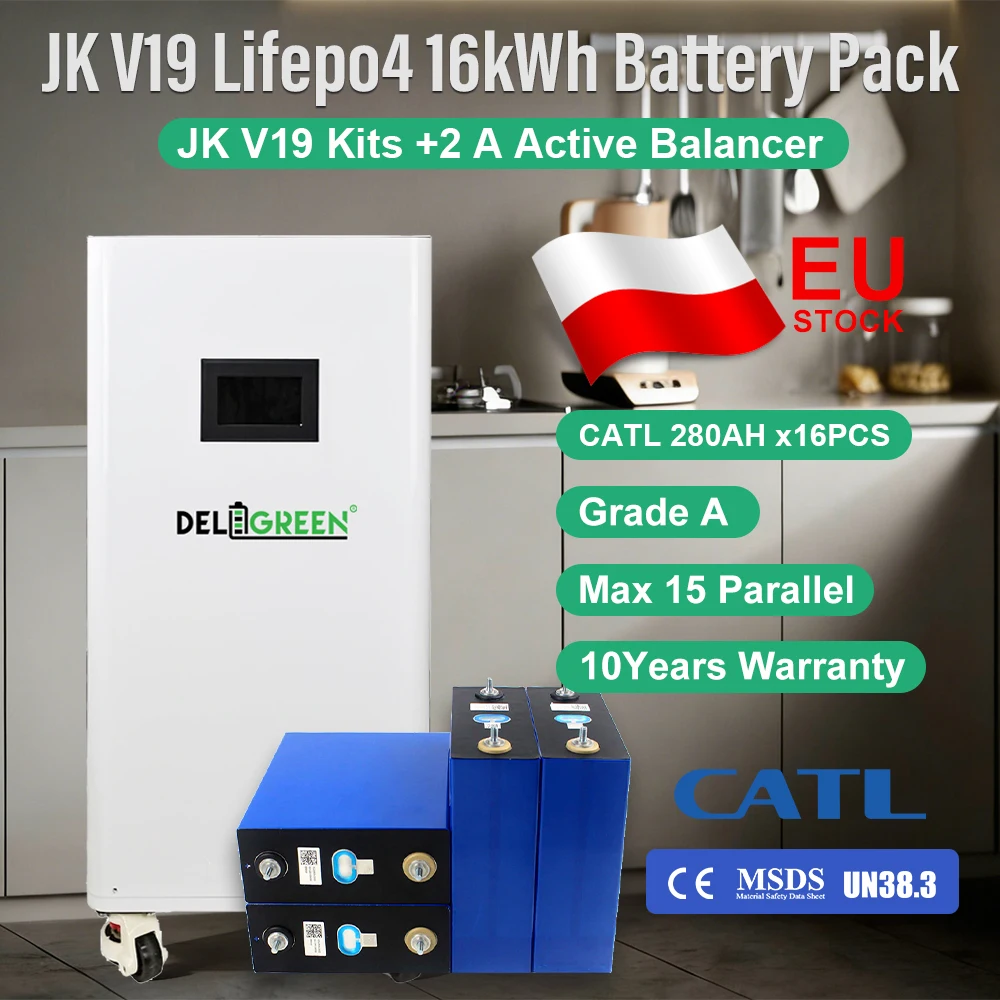 

EU Stock GradeA 48V Lifepo4 Battery CATL280 16kWh JK V19 Kits 2A Active Balancer CAN RS485 Rechargeable Batteries VAT Free