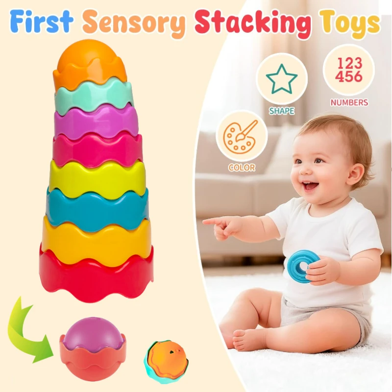 8PCS Wavy Stacking Ball Cups Baby Nesting Tower Toy Montessori Color Sorting Bath Toy Early Learning Sensory Toy