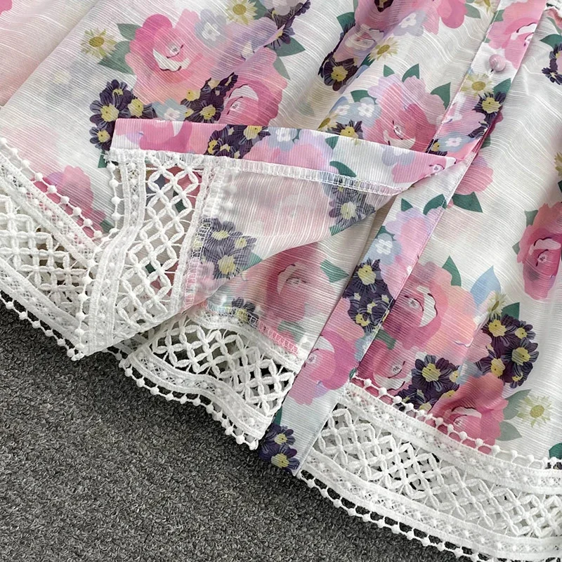 2025 Fashion Embroidery Lace Hollow Out Stitching Flower Dress Women Single Breasted Lantern Sleeve Floral Print Belt Vestidos