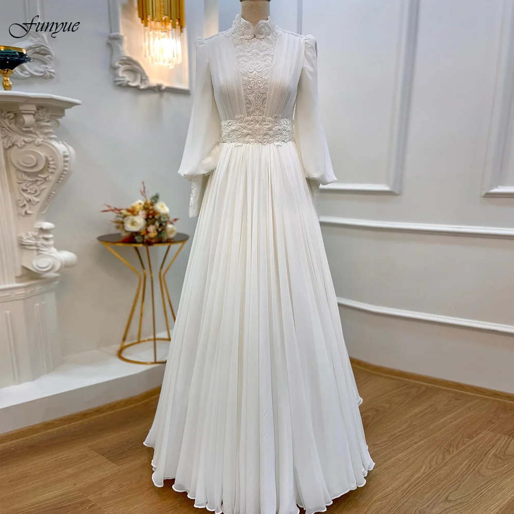 

Elegant Dubai Muslim Wedding Dresses for Bride A-Line Chiffon Beaded Lace Long Sleeve Bridal Gowns Arabic Vestidos De Novia