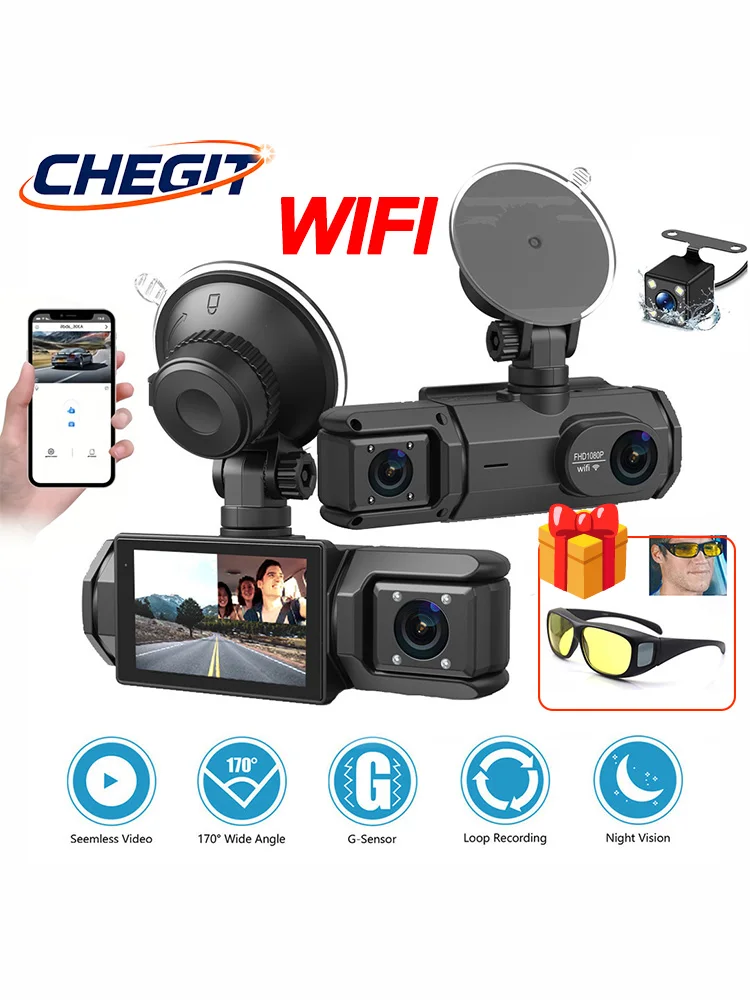 Caméra de tableau de bord WIFI 3 canaux pour voiture, enregistreur vidéo 1080P, 2/3 objectifs, caméra avant/arrière, boîte noire, DVR de voiture avec verre cadeau dashcam voiture，caméra de
