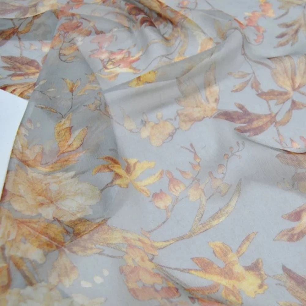 Soft Light Blue Vintage Dried Brown Leaf Wholesale Silk Crepe Chiffon Fabric for Lady Kids Shirt Apparel Sleepwear Saree Trouser view 4