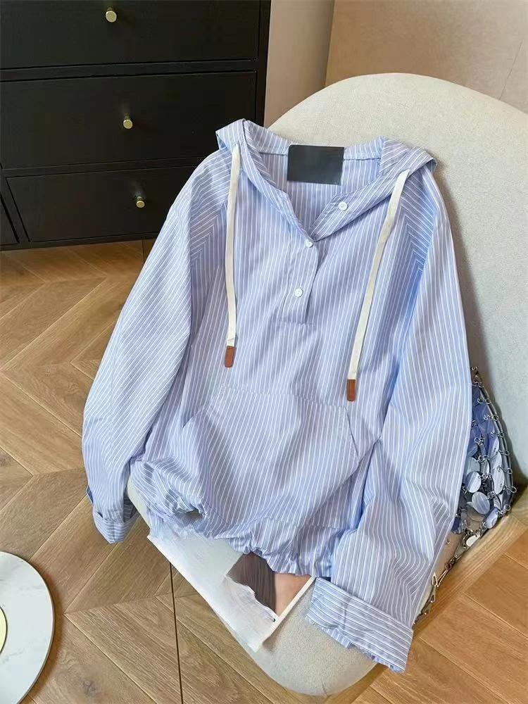 

Casual Striped Hooded Women Shirt Korean Fashion Long Sleeve Top Autumn Hong Style Blusas Femininas Elegantes