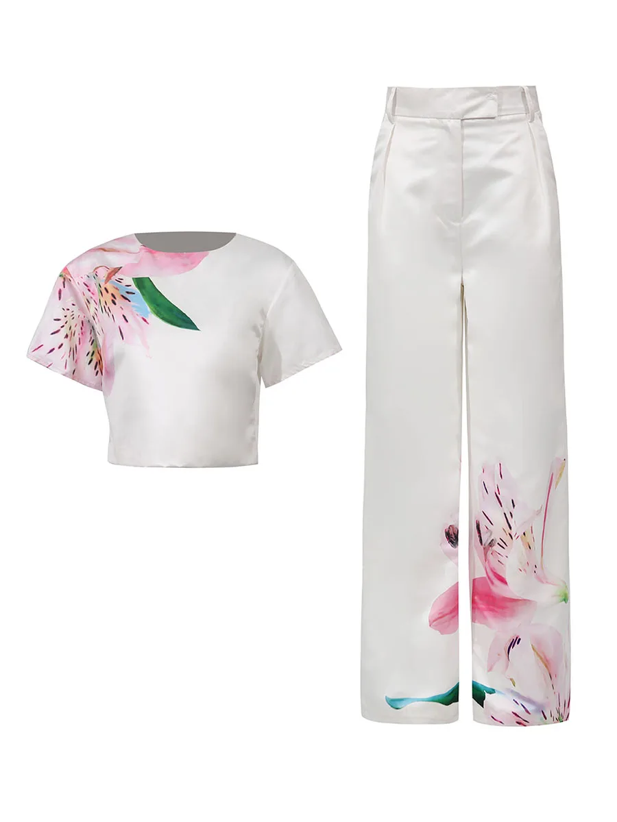 VGH 아메리칸 캐주얼 투피스 세트 여성용 O넥 반팔 탑 하이웨이스트 와이드 레그 팬츠 스윗 프린트 슈트 여성 패션