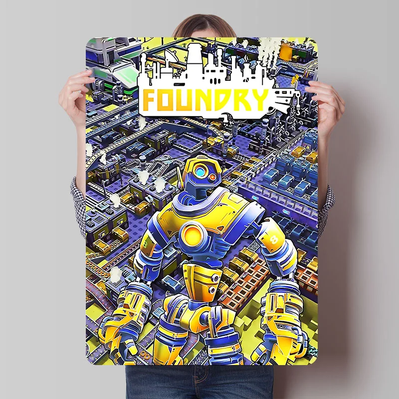 Gusseisen-Spielroboter und Fabrik-Blechposter, personalisierte Wandkunst, Vintage-Metallschilder, Retro-Blechplakette für Dekorationen