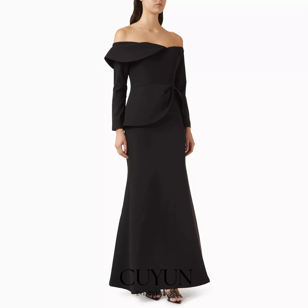 

CUYUN Customized Black Evening Dress Women Off The Shoulder Formal Party Dress Floor Length Prom Dress Long Sleeves Saudi Dress