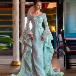 OIMG Green Shiny Beads Pleat Sequins Dubai Evening Dress Mermaid Crystal Beading Sequined Flowers Saudi Arabic Formal Party