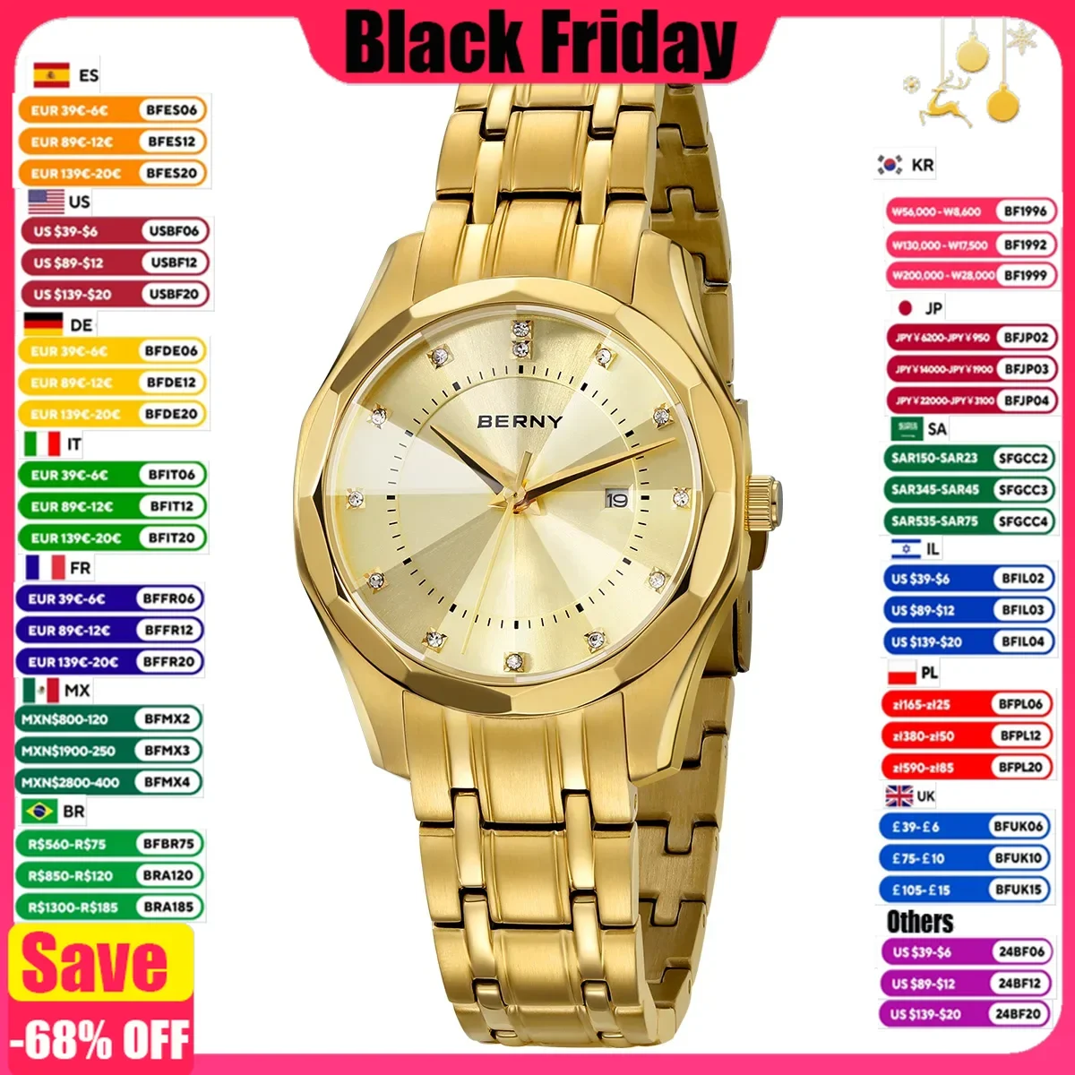 BERNY Watch for Women Wristwatch Waterproof Golden Clock Quartz Stainless Steel Fashion Men Ladies Watch