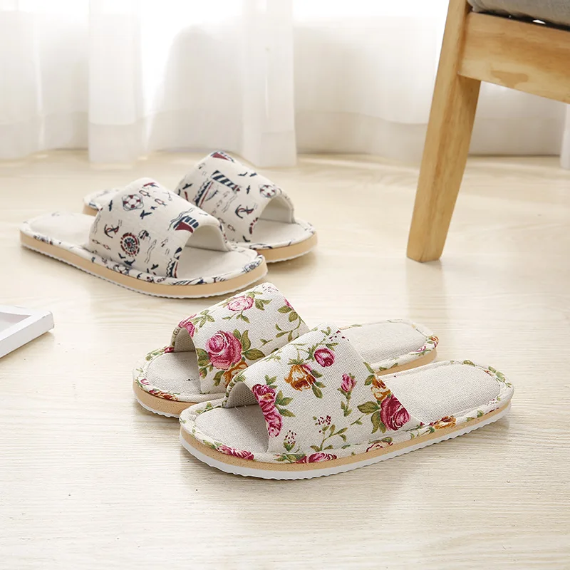

Four Season Linen Home Slippers Women Autumn Indoor Casual Floral Slides Couples House Non-slip Sandals Adults Cartoon Cat Shoes