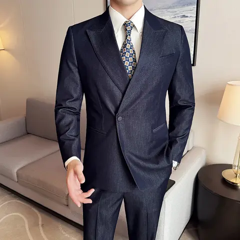 텐셀 울 고급 장인 여름 남성 투피스 슈트 세트는 연회, 결혼식, 비즈니스에 패셔너블하고 멋집니다.