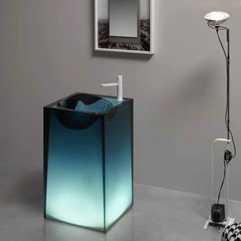 Blue transparent light-emitting one hand washing basin washstand floor bathroom cabinet column basin