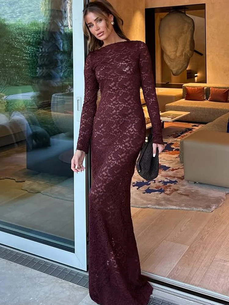 kliou High Street Women Maxi Dresses Elegant Lace Embroidered Sheer Full Sleeve Sheath Long Robe Mujer Festival Banquet Vestidos