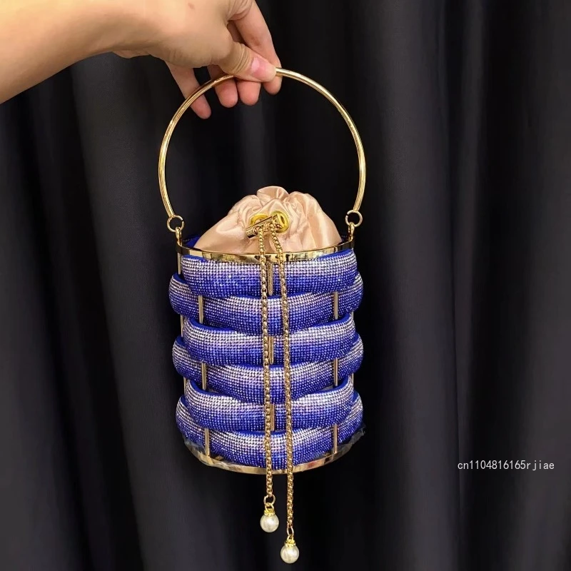 New High-end Banquet Bag Fashionable and High-quality Diamond Hand-held Drawstring Bag Solid Color Versatile Party Storage Bag
