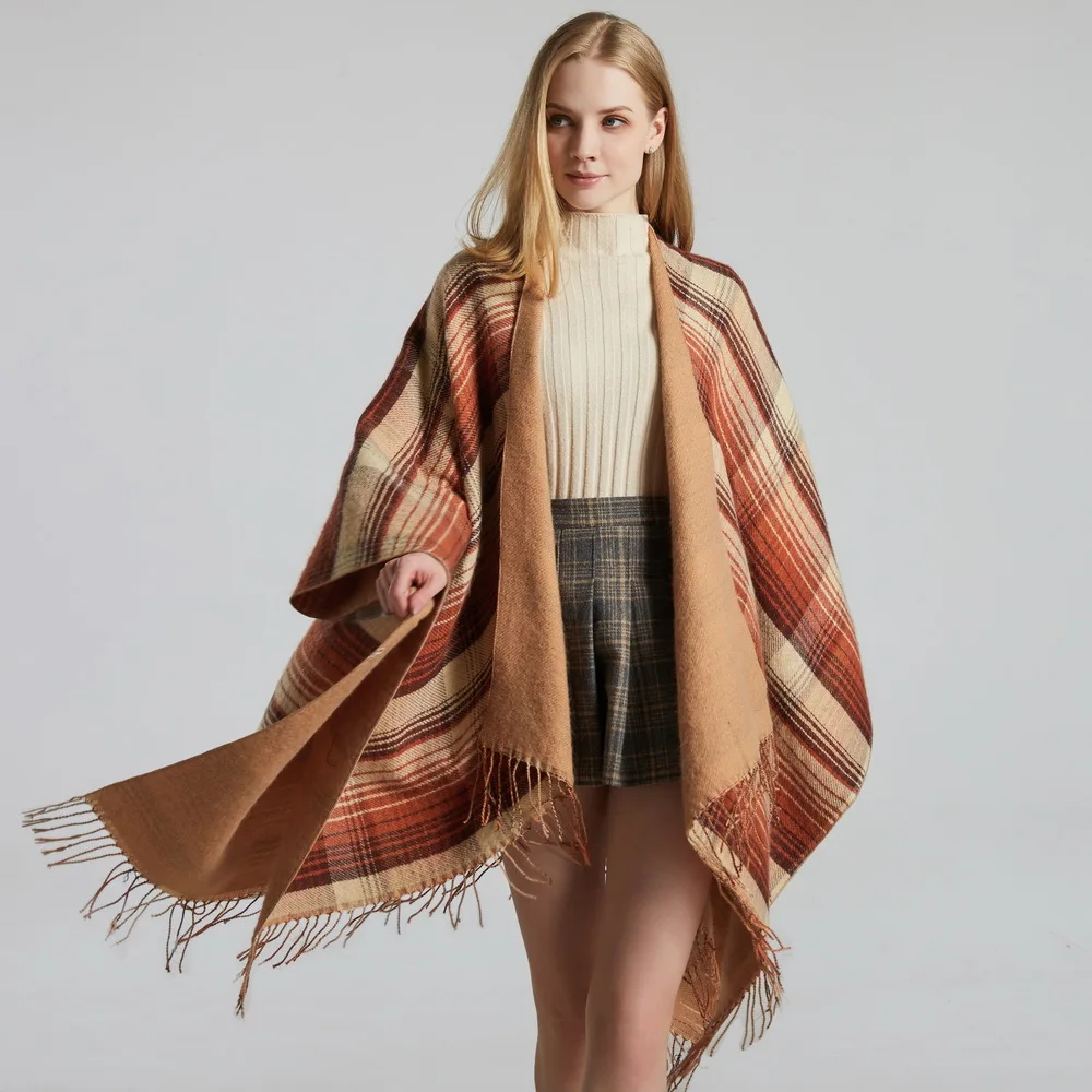 

WeHello-Bohemian Classic Colorful Plaid Cape Cloak Imitation Cashmere Tassel Thickened Warm Split Cape