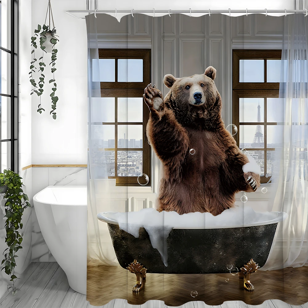 Brown Bear Standing in Bathtub Saying Hello Fun Shower Curtain, Bathroom Decorative Shower Curtain, Waterproof Shower Curtain wi