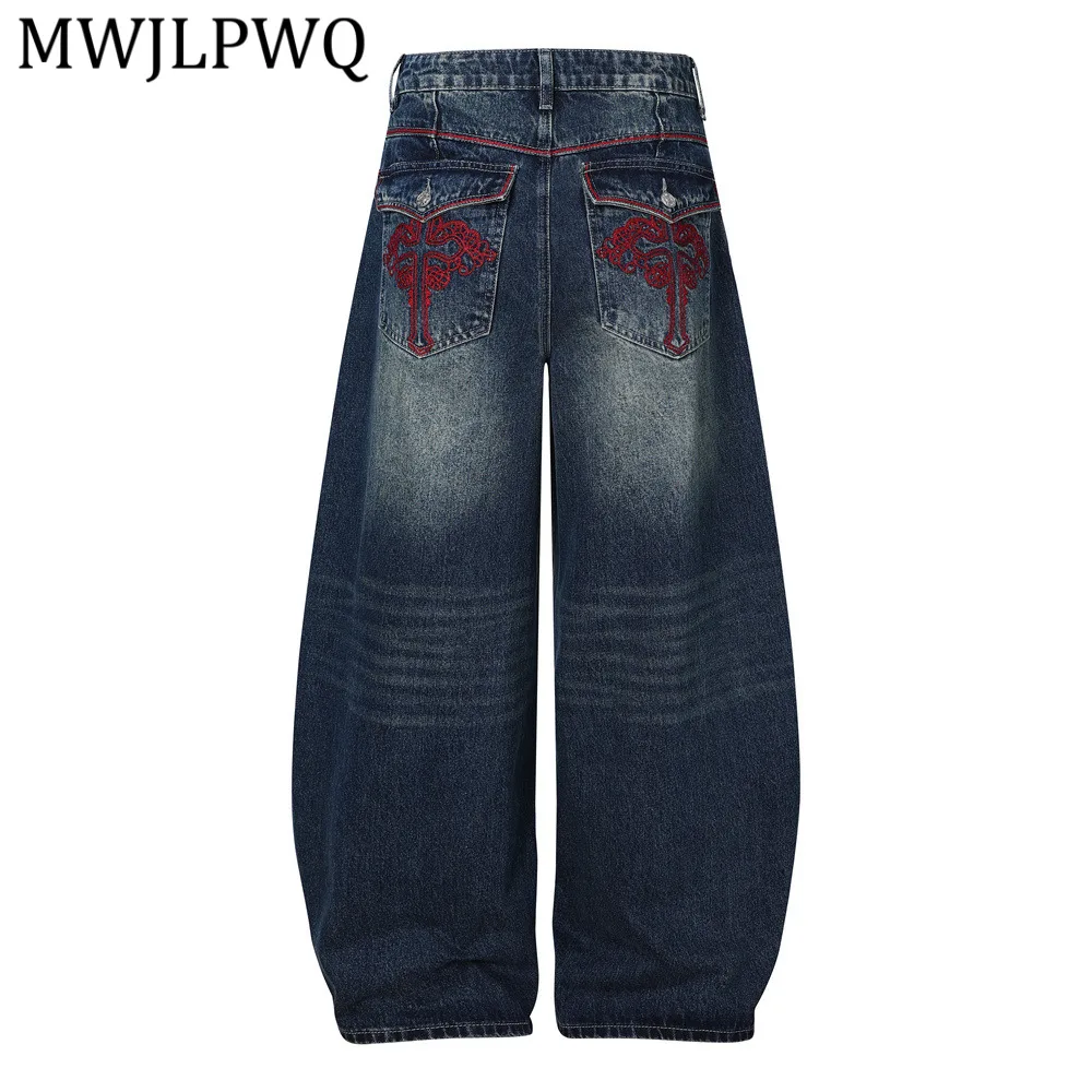 

Джинсы MWJLPWQ American High Street с изогнутым кроем для мужчин, винтажные, с вышивкой, карманами и широкими штанинами, свободного кроя, модель 14597