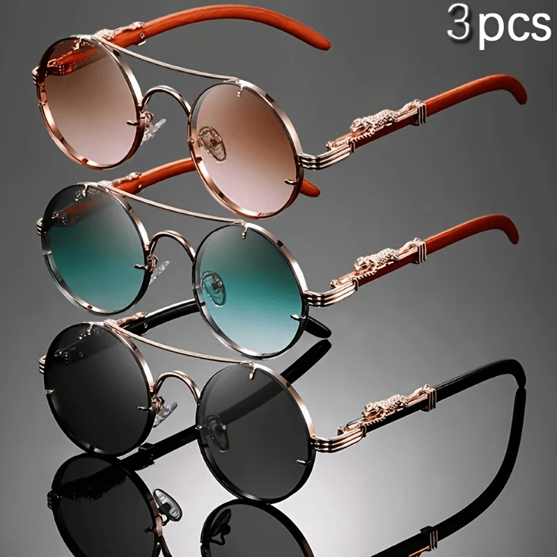 3PCS Men's and Women's Metal Frame Wooden Leg Round Frame Glasses Combination Set Casual and Versatile Suitable for Daily Wear