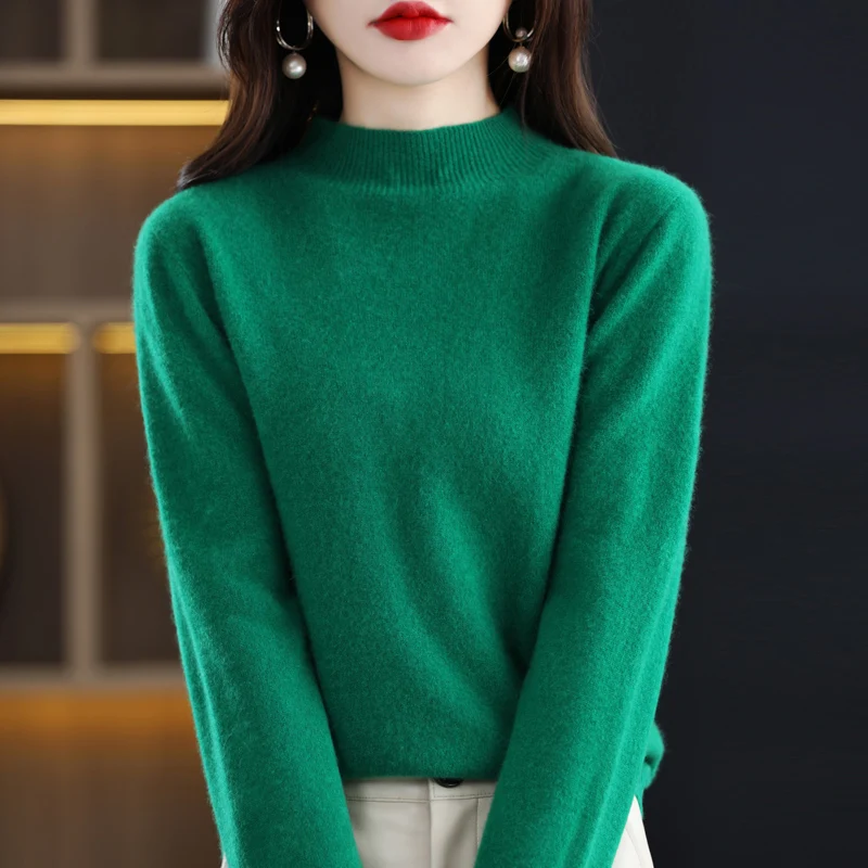 Autumn Winter 100% Merino Wool Sweater Women First Line Seamless Half-high Collar Pullover Basis Casual Cashmere Knit Solid Tops