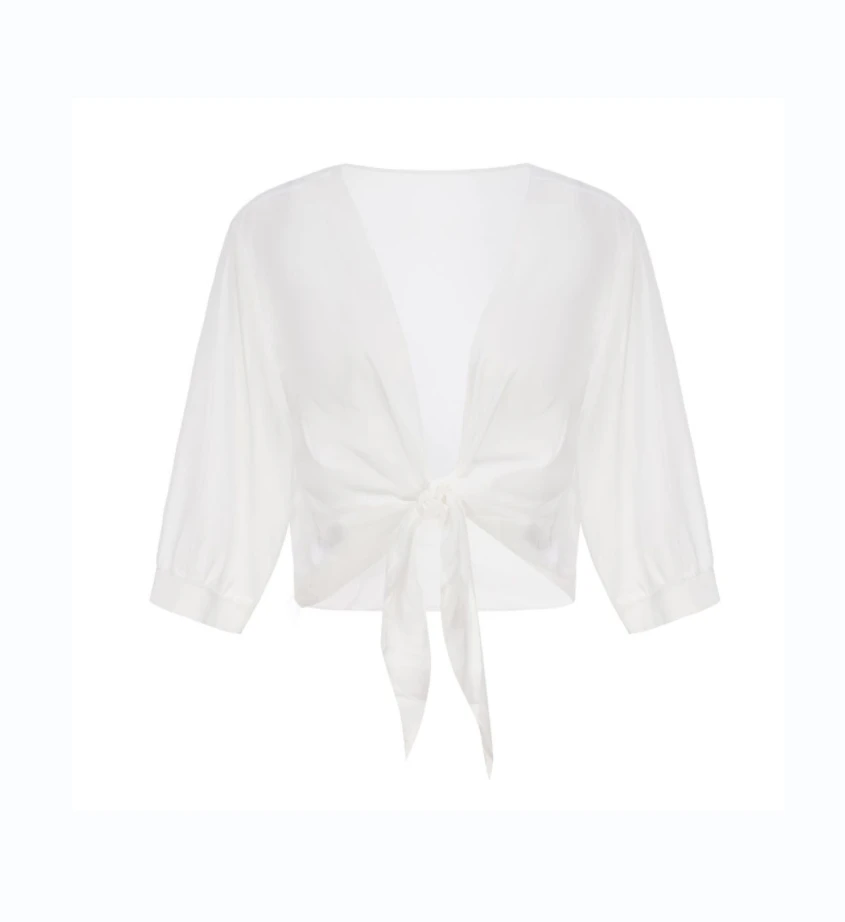 Elegant Tie-Front Blouse: Versatile Semi-Sheer Shawl, Solid Color, Easy-Care & Perfect for Every Season