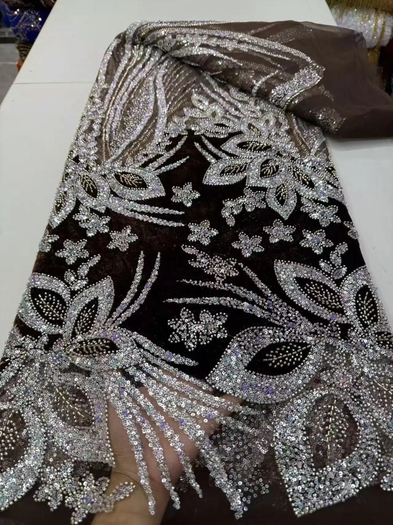 2026 High Quality African Nigerian Tulle Lace Fabric Embroidery Party Dress Sequins Guipure Fabric For Sewing Velvet 5Yard JY560