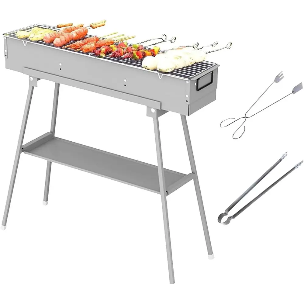 

Portable Steel BBQ Grill with Folding Stand, Adjustable Vents, and Skewer Kit for Outdoor Parties and Travel