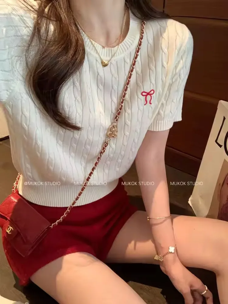 

Summer New Round Neck Short Sleeve Retro Twist Bow Knit Sweater Women's College Style Versatile Top Korean Elegant Lady Shirts