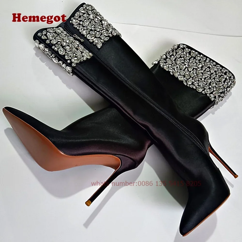 Schwarze Diamant-Stiefel, Strass, spitze Zehen, Stiletto-Damenstiefel, Winter 2024, Bling, Luxus-Runway-Schuhe, dünne High Heels, sexy