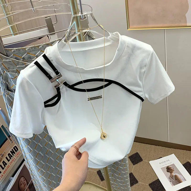 女性用半袖Tシャツ,白,ハイウエスト,スプライス,ユニークな特殊,ラージサイズ,y2kトップス,2023