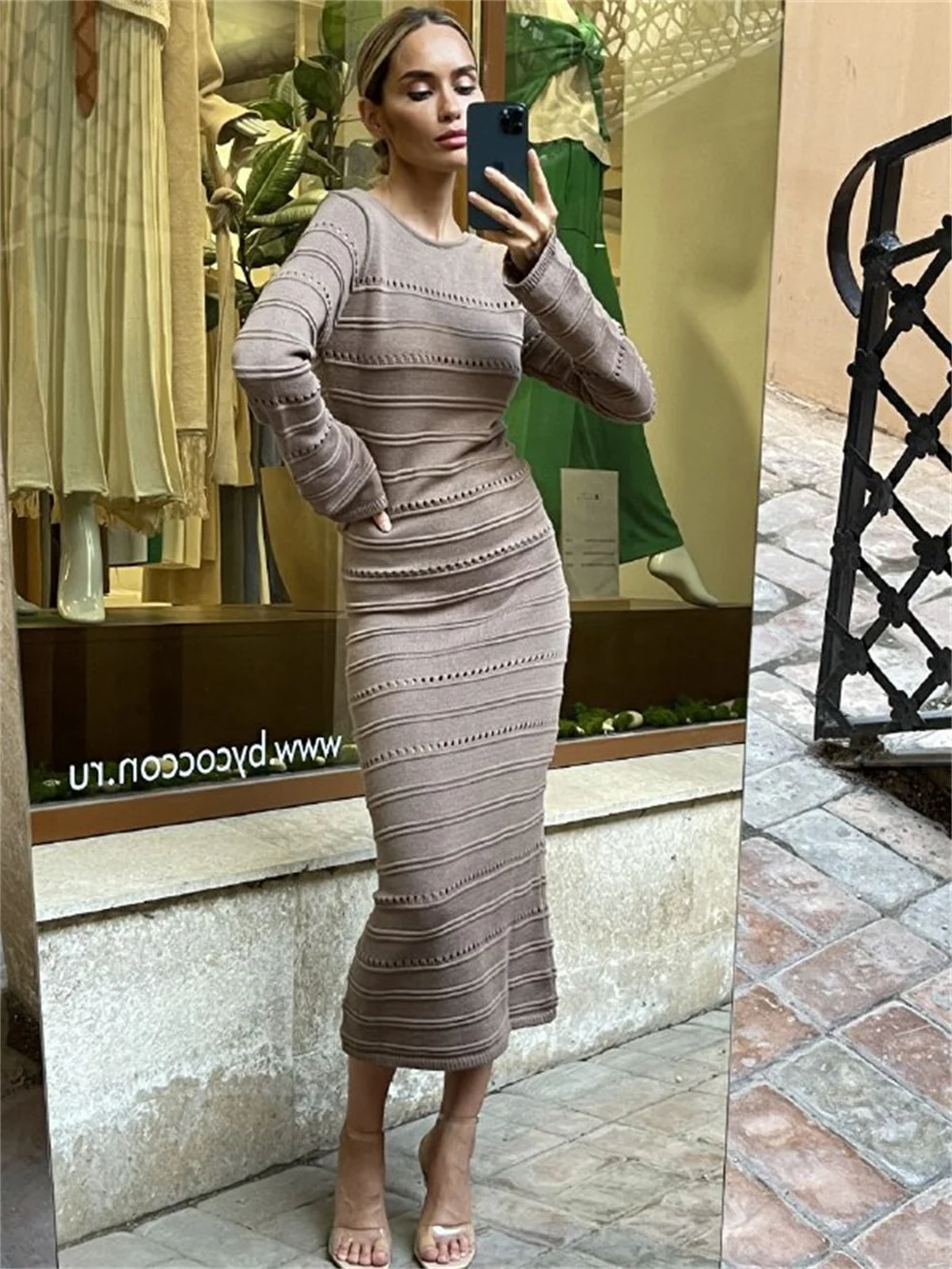 Women Knitted Hollow Out Midi Dress Autumn 2023 New Solid Long Flare Sleeve O-neck Slim Fit Dresses Female Elegant Commute Robe