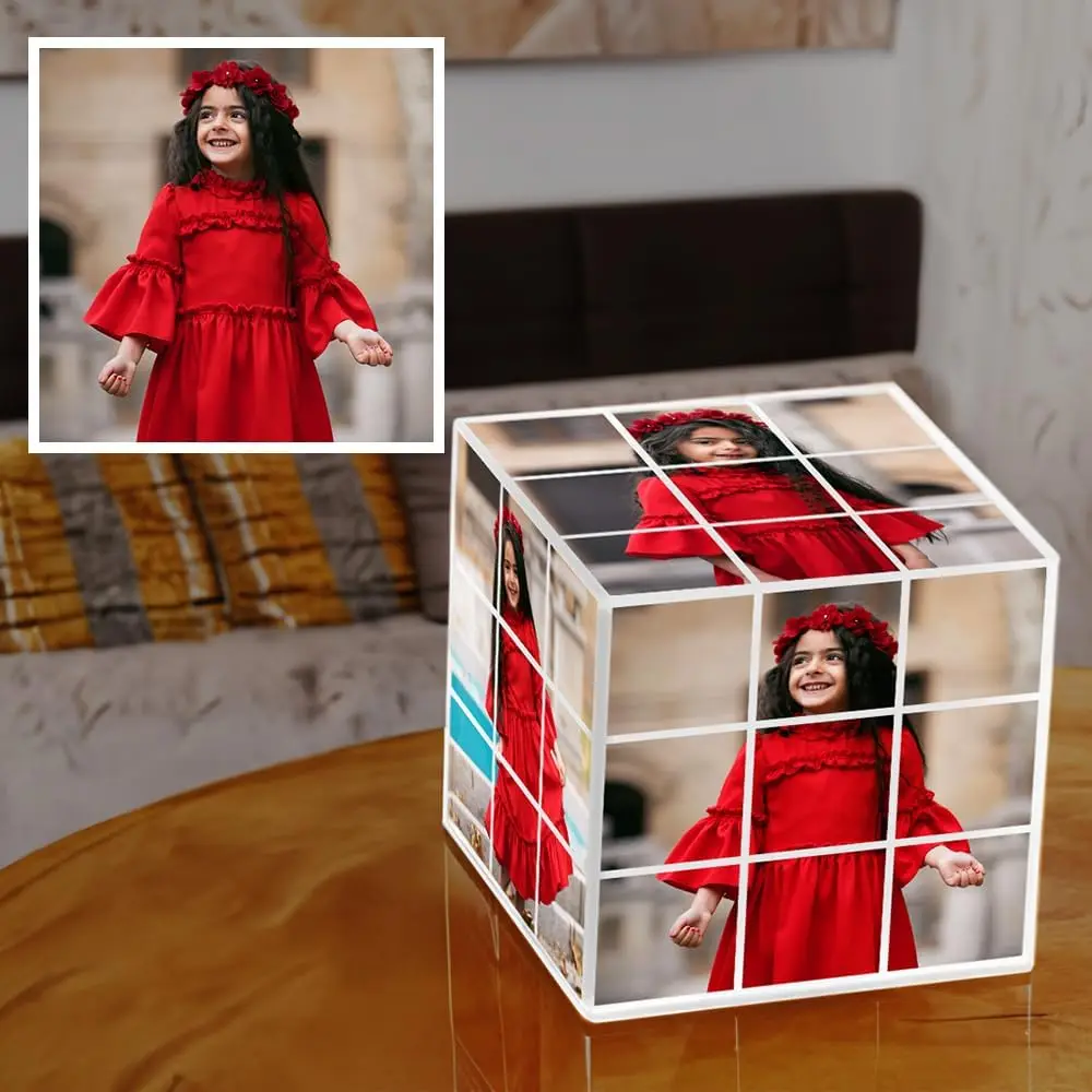 Customized Gift Photo Puzzle for Rubik's Cube - Personalized Rotatable Cube with 6 Photos for Valentines Day Couple Gifts