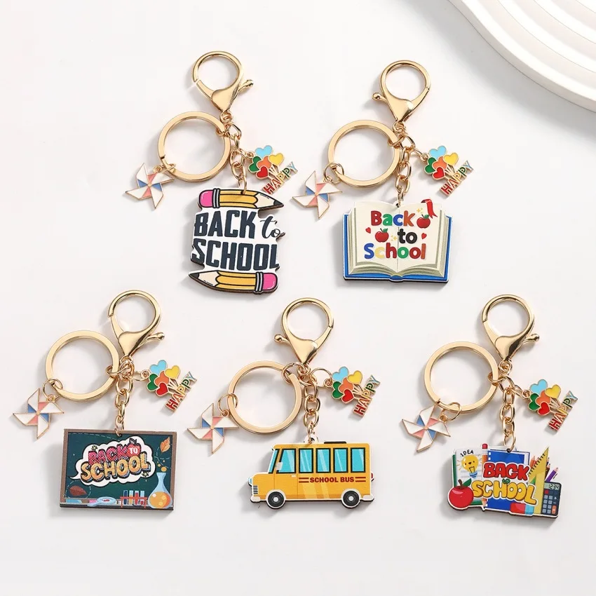 Students Gift Ideas Keychain Opening Season BACK TO SCHOOL Wooden Books Pencil Letters Windmill Key Chain for Girls Jewelry Gift