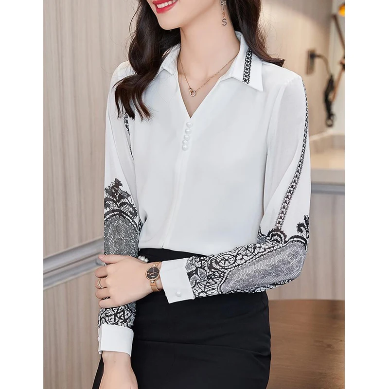 Elegant Chic Beaded Luxury Design Print Office Lady Commute Button Up Shirt Spring Autumn Women V Neck Long Sleeve Tops Blouses