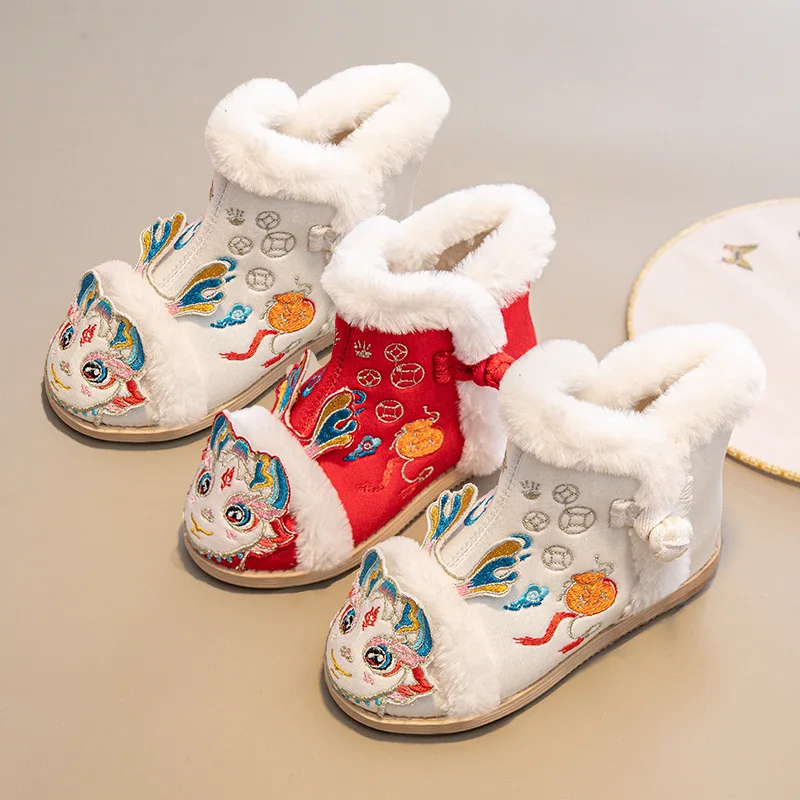 Girls Chinese-style Boots Kids Winter Embroidered Shoes Children Chinese dragon Slassical Shoes Fleece Cotton Shoes Size 25-36