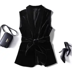 Vest Women's Belt Spring Autumn Mid Length Style Slimming Shawl Collar With Diamond Waistcoat Coat Sleeveless Tank Top Z4457