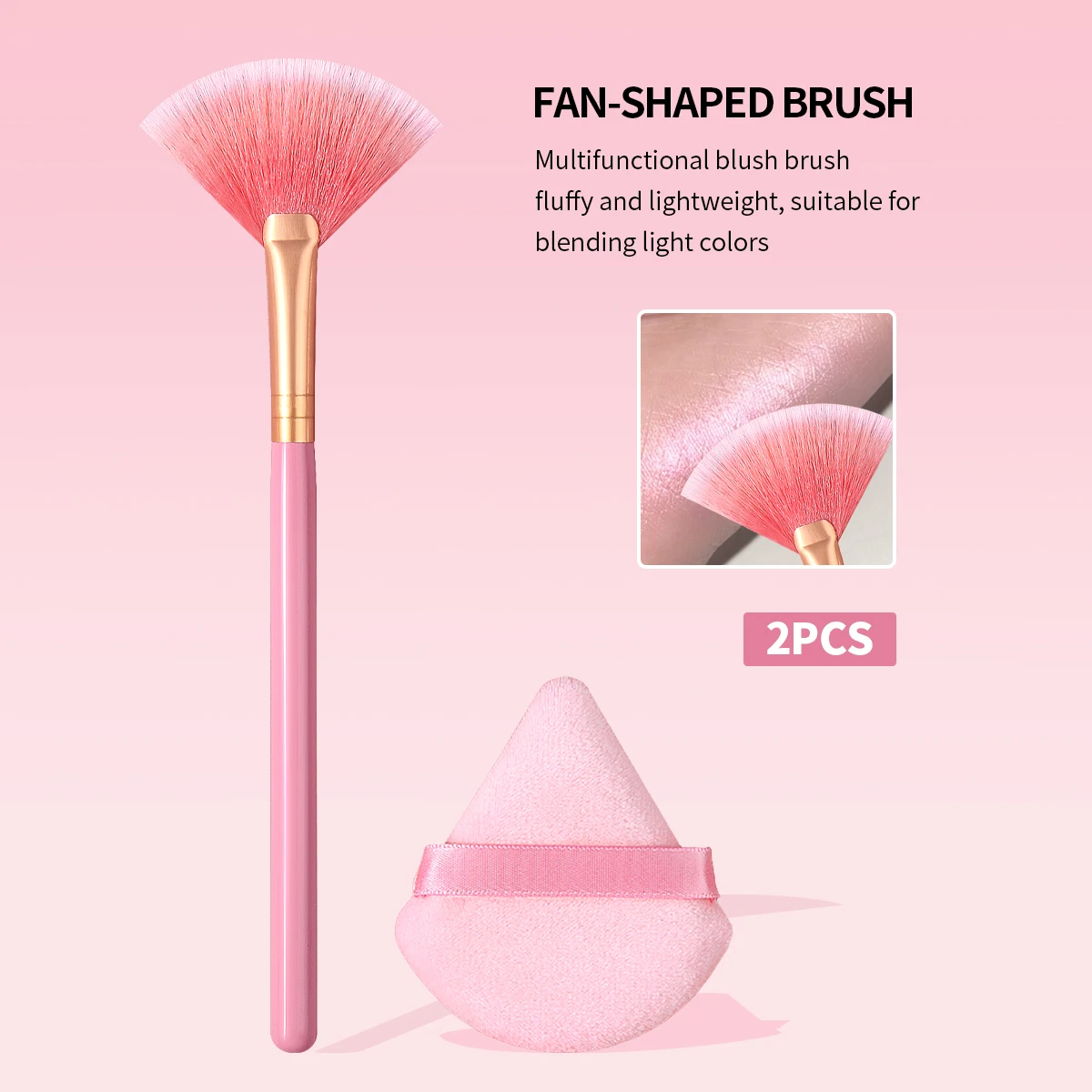2PCS Pink Fan Highlight&Makeup Puff Set,For Precise Cheek Highlight & Blush,Full Face Setting & Powder Application