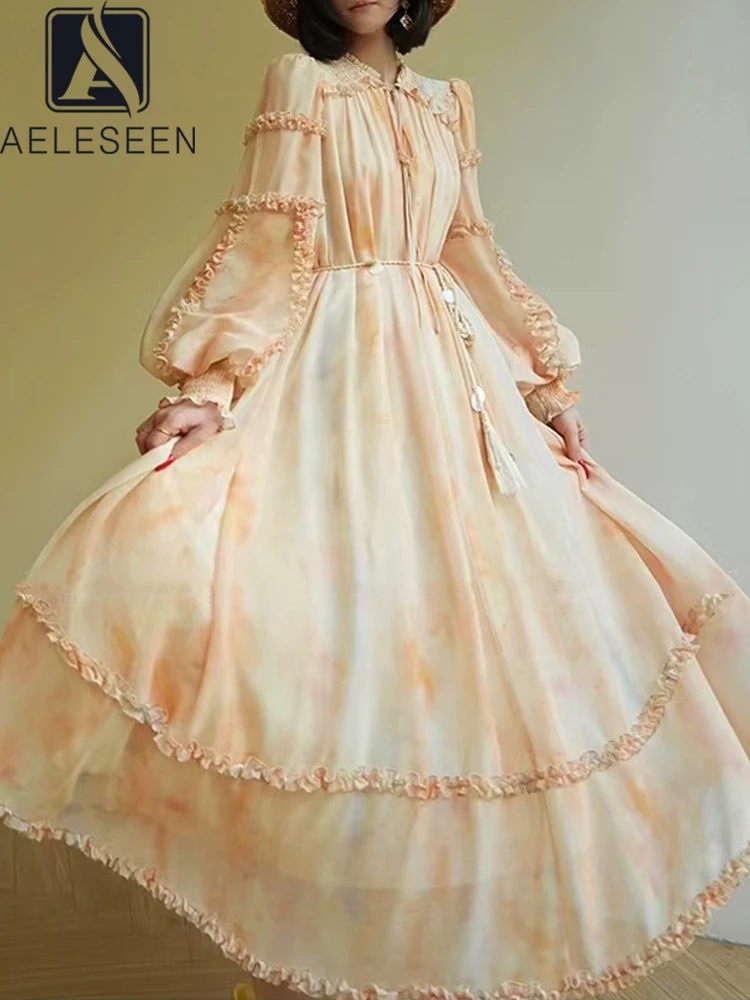 

AELESEEN Fashion Designer Summer Dress Women Lantern Sleeve Ruffled Edges Floral Printed Loose Casual Long Party Female