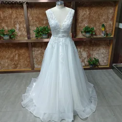 A-Line fildişi Boho tül gelinlik V boyun vestidos de Lace dantel aplikler gelin parti aç geri gelin kıyafeti süpürme tren