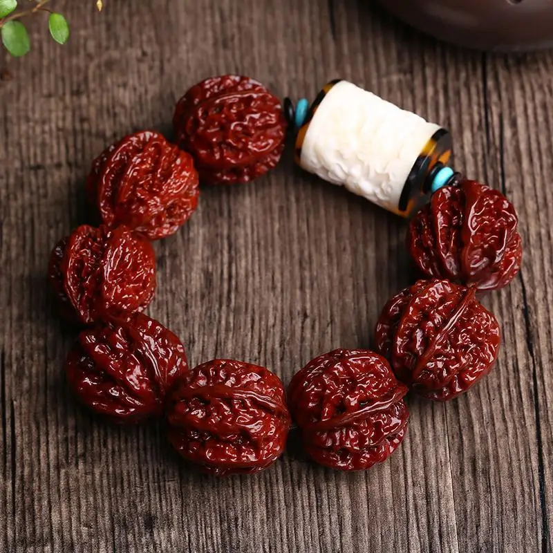 Chinese Style Lucky Blessing Wealth Attracting Machine Brushed Polished Jade Like Walnut Beaded Bracelet 20mm Traditional Wenwan
