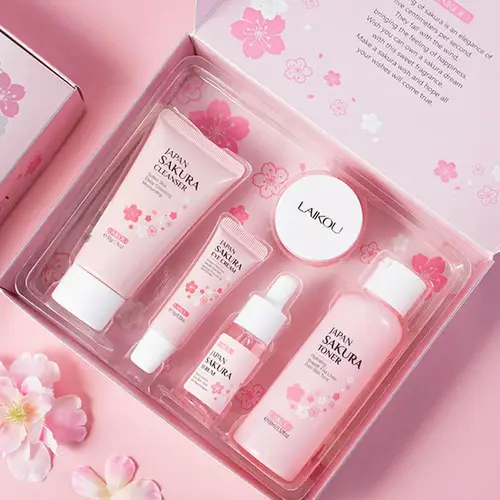 LAIKOU Japón Sakura conjunto para el cuidado de la piel suero crema iluminadora rejuvenecedora hidratante brillante desvanecimiento imperfecciones 5 unids/set