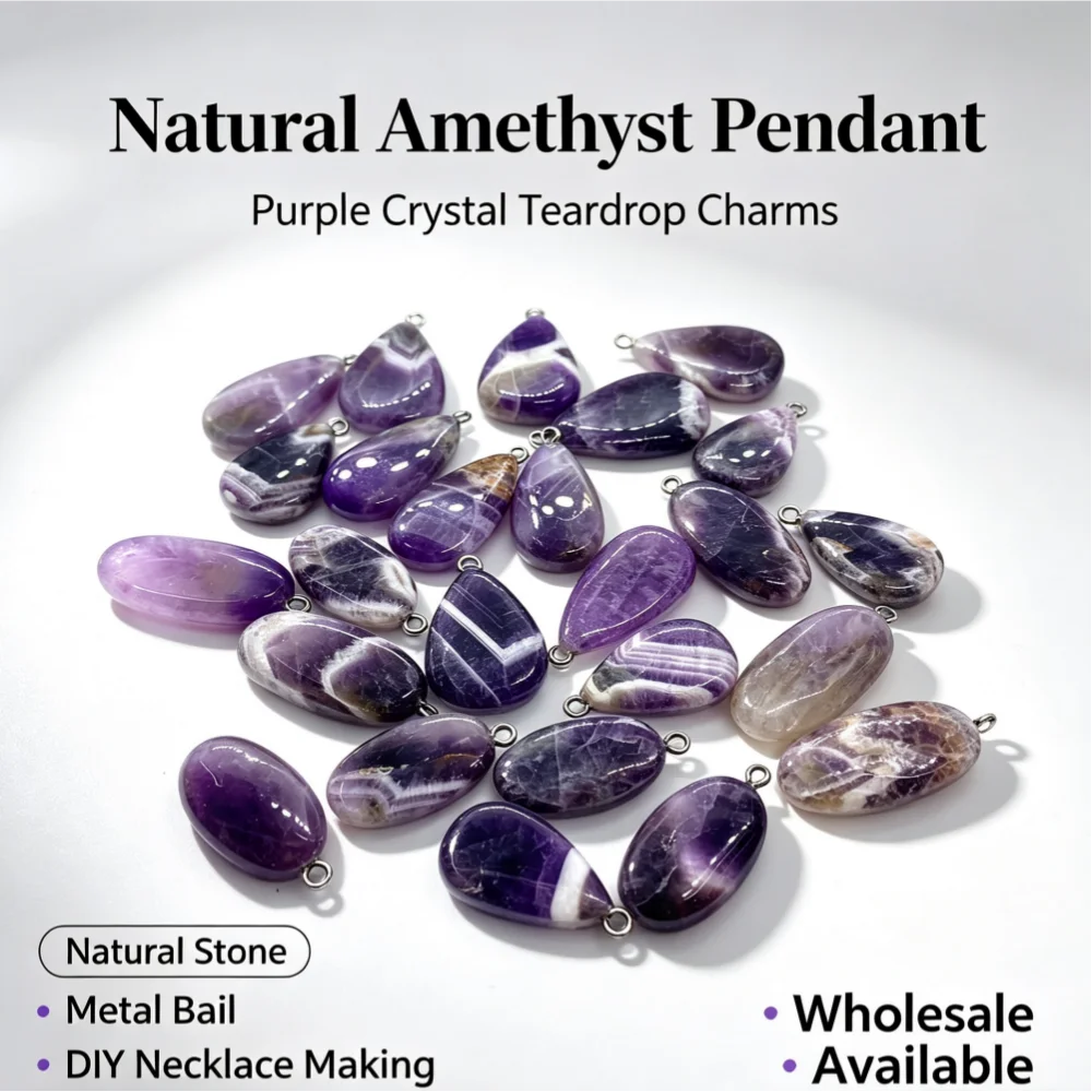 19x32mm Teardrop Oval Natural Amethyst Loose Pendant Single Hole Charm Wholesale For DIY Jewelry Supplies