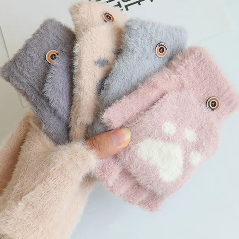 

New Women Girls Lovely Winter Mink Warm Fingerless Gloves Girls Fluffy Bear Cat Plush Paw Claw Half Finger Gloves Mittens Gifts