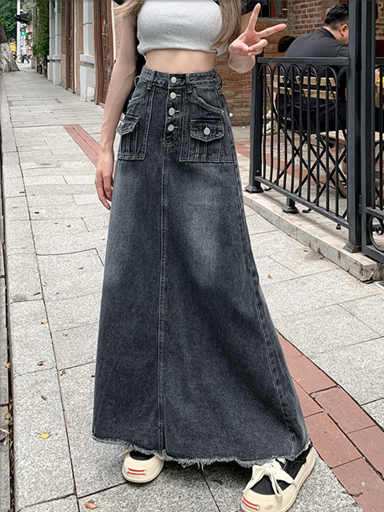 Retro Gray Maxi Long Denim Skirt Women Y2k Tassel Buttoned Bleached Blue Jeans Skirt Oversize Vintage High Waist Acubi Fashion