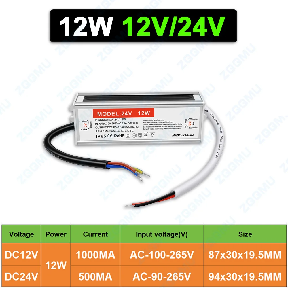 IP65 Waterproof Outdoor Lighting Power Transformer DC 12V/24V LED Driver 12W 24W 36W 60W Adapter Driver Suitable For LED Strips