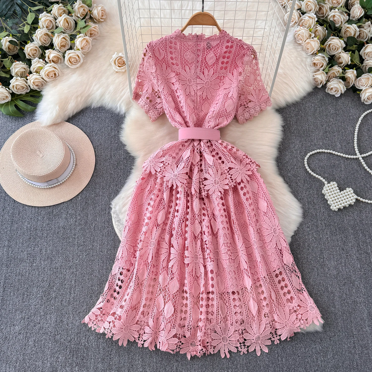 Hook Flower Vintage Layered Dress Hollowed Out Knitted A-line long Dress For Women's Summer New Lace Dresses