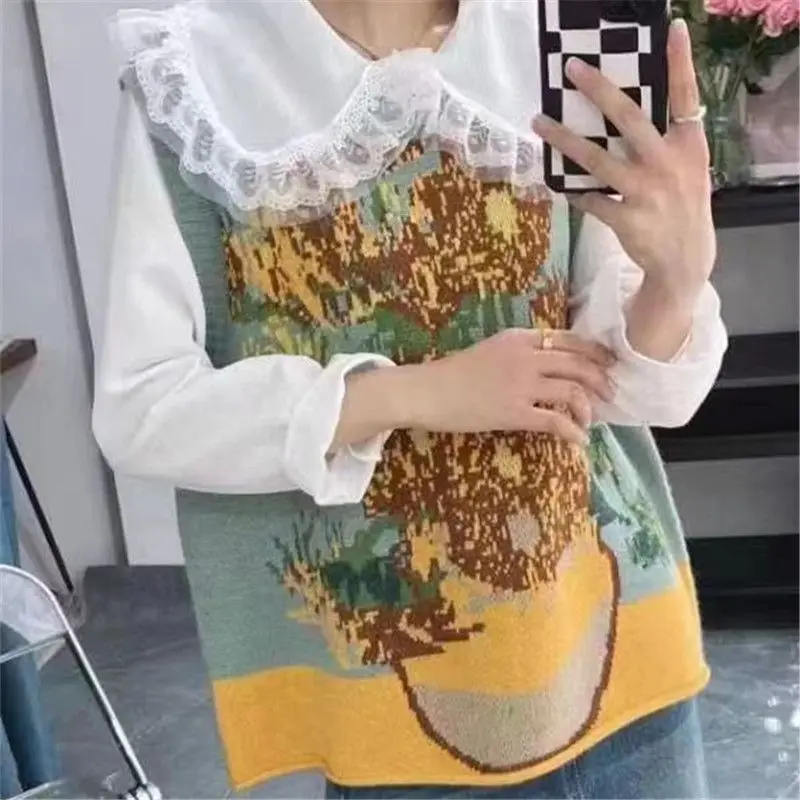 Gagarich Korean Fashion Style Retro Oil Painting Knitted Vest Loose Casual Top Round Neck Sleeveless Camisole Layer Sweater Tank